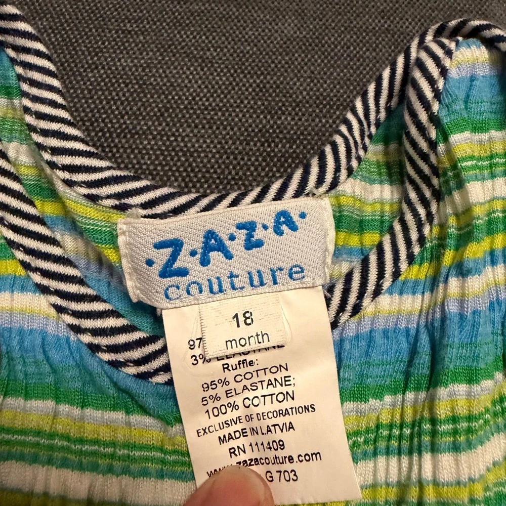 Zaza Couture Girl Flamingo Tiered Ruffle Dress Floral Stripe Blue Green 18 Month